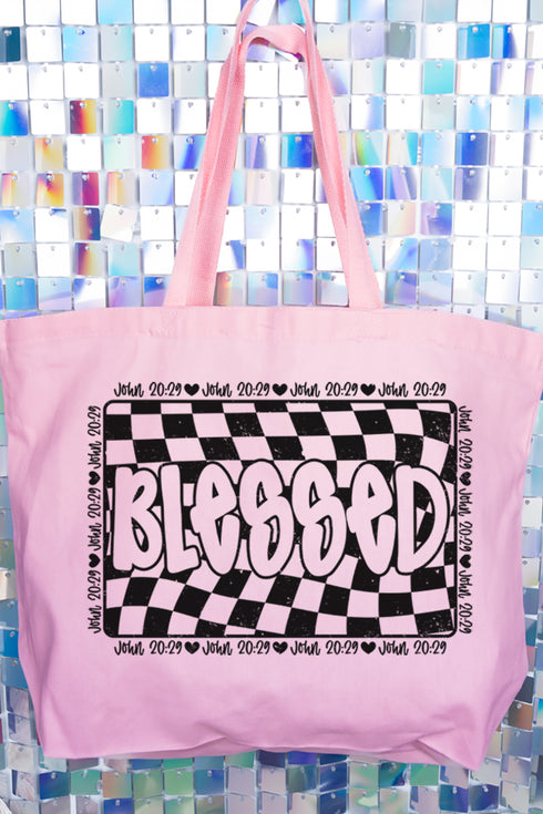 Wavy Checkered Blessed Canvas Jumbo Tote