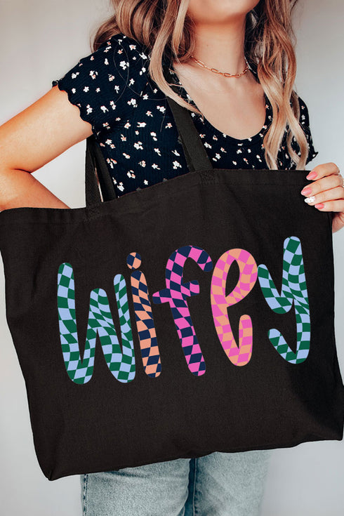 Wavy Checkered Wifey Canvas Jumbo Tote