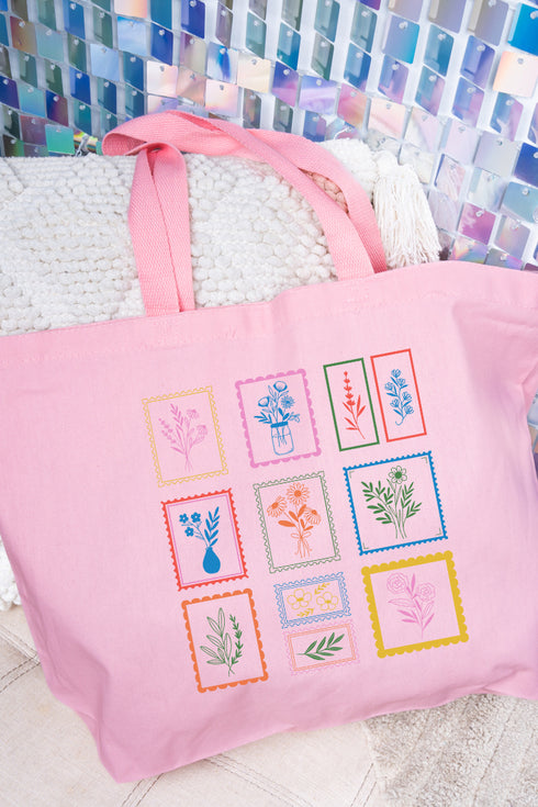 Whimsical Floral Stamps Canvas Jumbo Tote