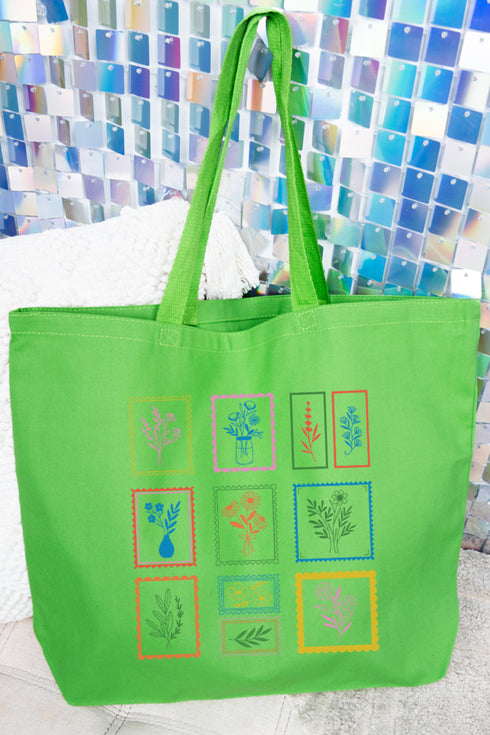 Whimsical Floral Stamps Canvas Jumbo Tote