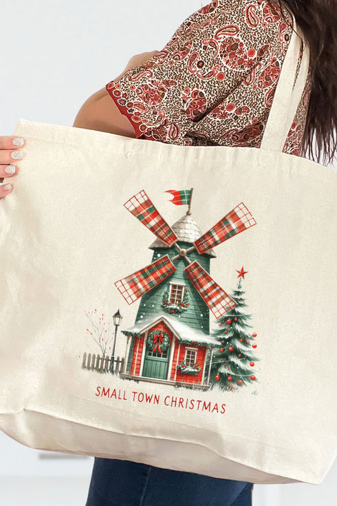 Windmill Small Town Christmas Canvas Jumbo Tote