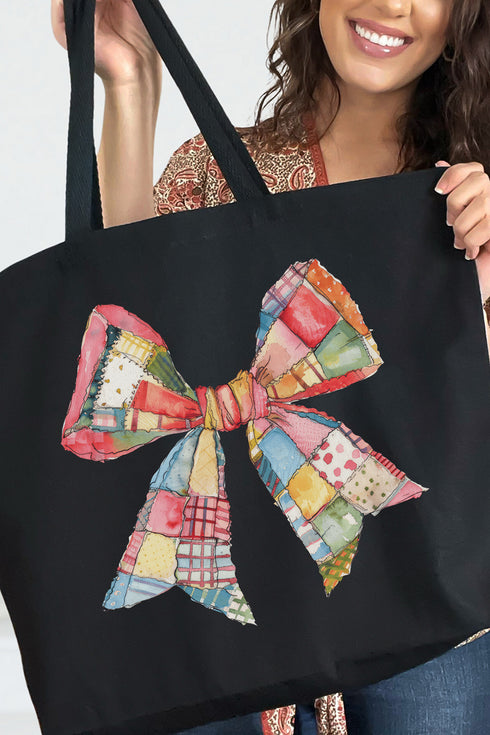Faux Patchwork Quilt Stripe Bow Canvas Jumbo Tote