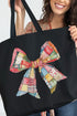 Faux Patchwork Quilt Stripe Bow Canvas Jumbo Tote