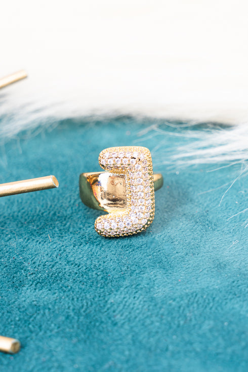 Goldtone Crystal Pave "J" Cuff Ring