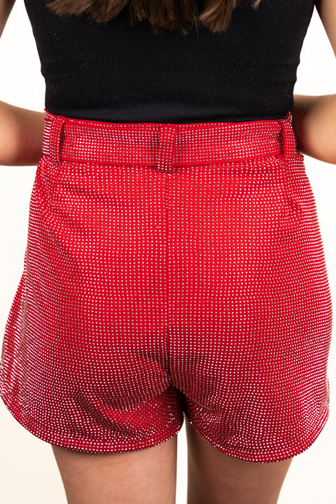 Saturday Shimmer Red Crystal Belted Shorts