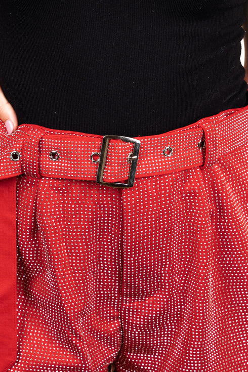 Saturday Shimmer Red Crystal Belted Shorts
