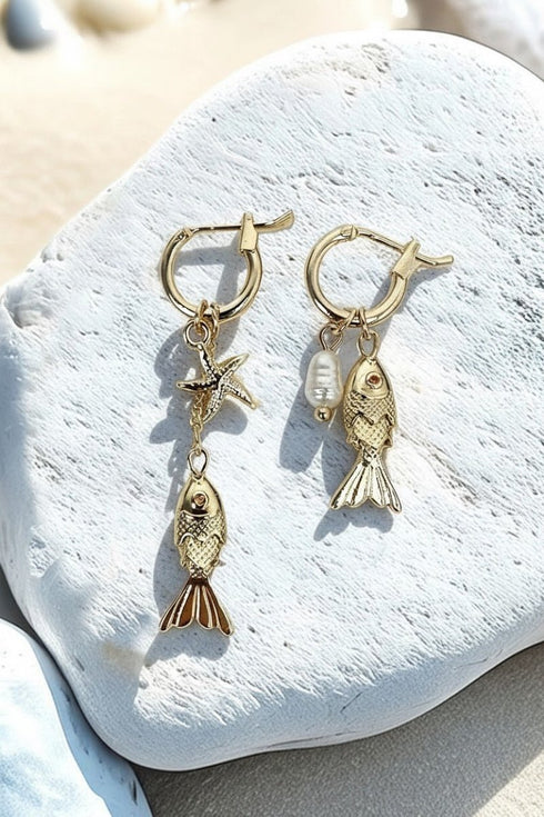 Coastal Drip Mismatched Goldtone Fish Hoop Earrings