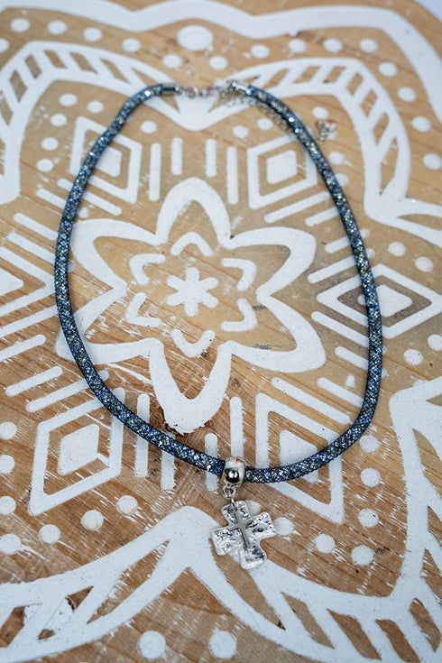 Smoke Crystal Crossfire Silvertone Necklace