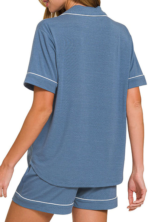 Late Mornings Dusty Blue Button Top & Shorts Set
