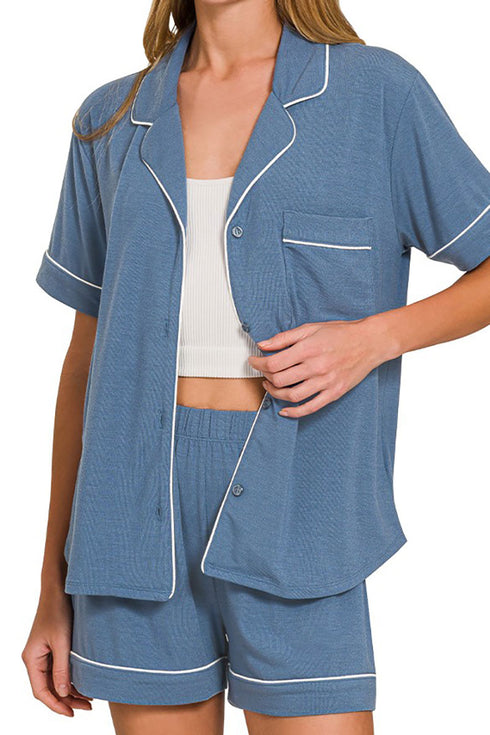 Late Mornings Dusty Blue Button Top & Shorts Set