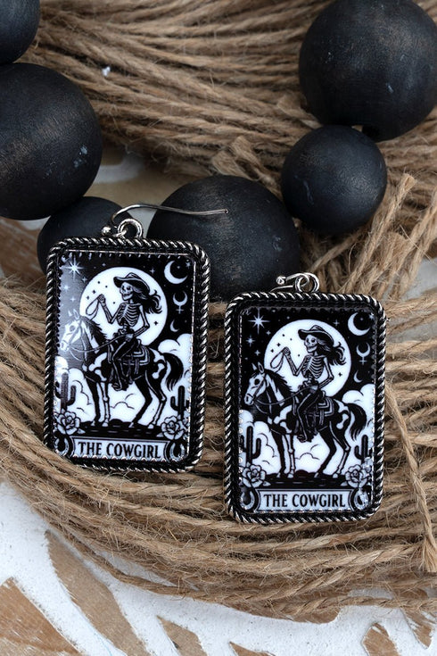 The Skeleton Cowgirl Card Silvertone Earrings