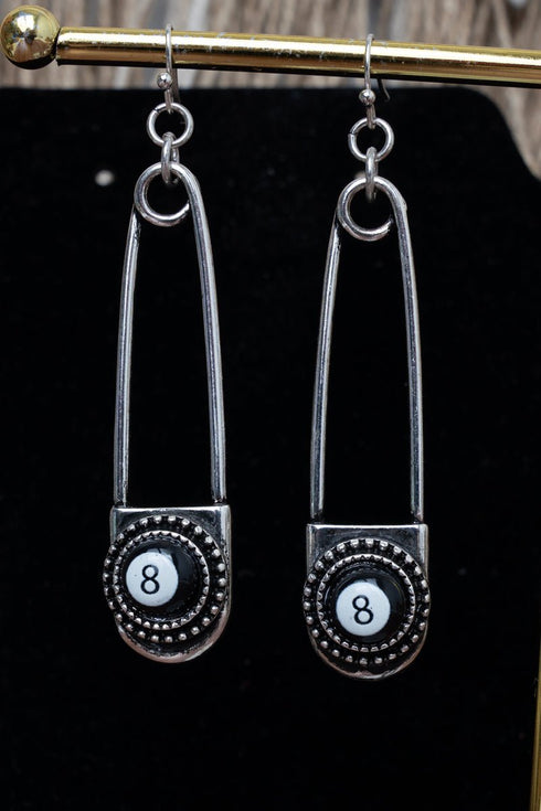 8 Ball Safety Pin Silvertone Earrings