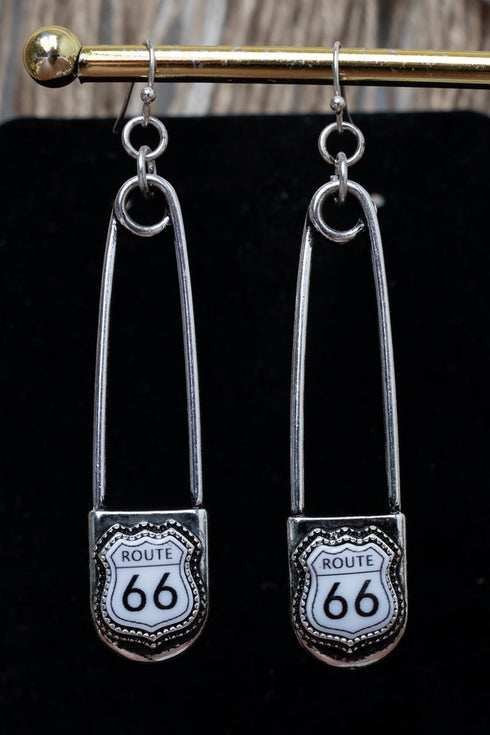 Route 66 Safety Pin Silvertone Earrings