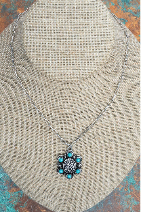 Turquoise Ranchland Rose Silvertone Necklace