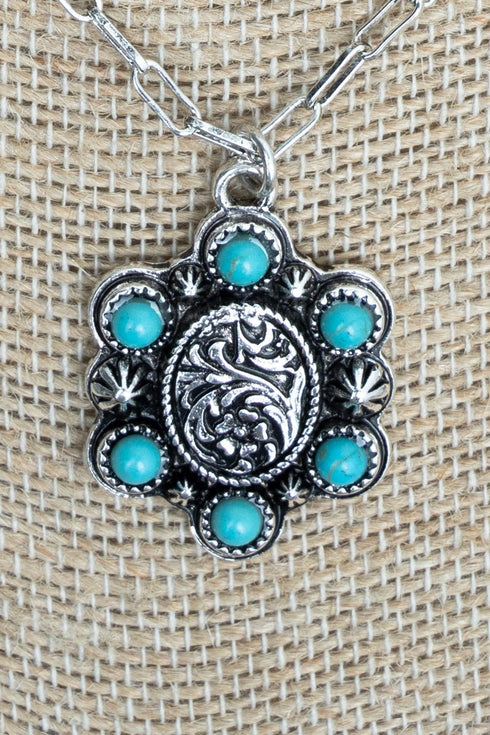 Turquoise Ranchland Rose Silvertone Necklace