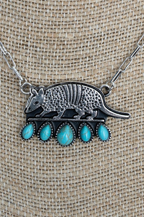 Turquoise Armadillo Alley Silvertone Necklace