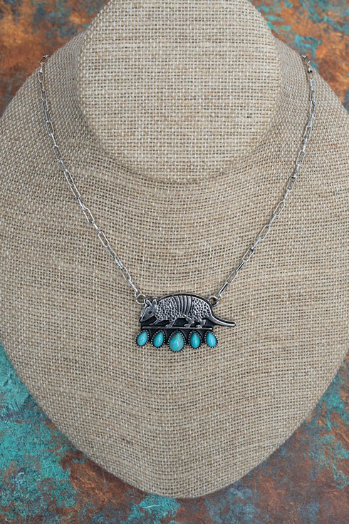 Turquoise Armadillo Alley Silvertone Necklace