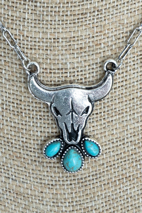 Turquoise Ranchside Steer Silvertone Necklace