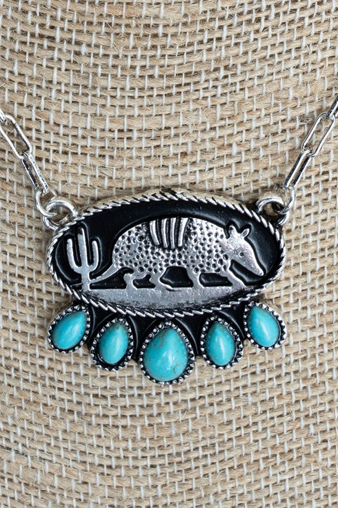 Turquoise Desert Wanderer Silvertone Armadillo Necklace