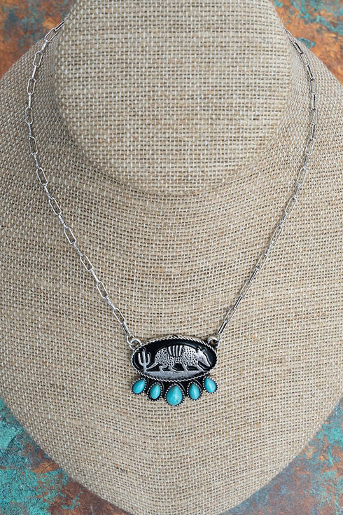 Turquoise Desert Wanderer Silvertone Armadillo Necklace
