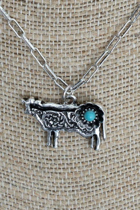 Turquoise Barnyard Blossom Cow Silvertone Necklace