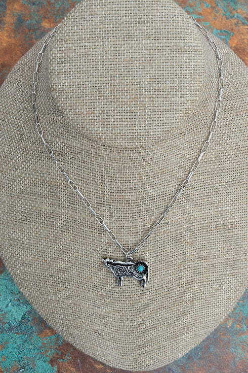 Turquoise Barnyard Blossom Cow Silvertone Necklace