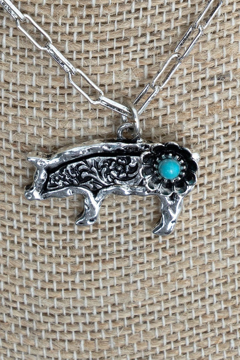 Turquoise Barnyard Blossom Pig Silvertone Necklace