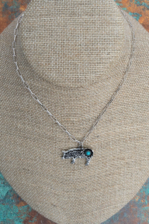 Turquoise Barnyard Blossom Pig Silvertone Necklace