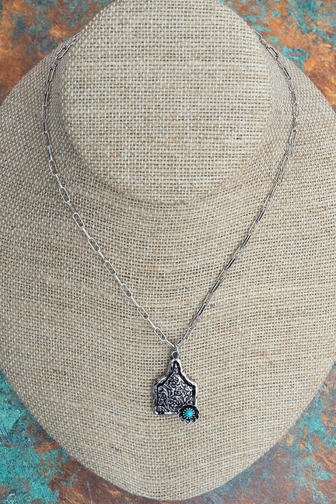Turquoise Barnyard Blossom Cattle Tag Silvertone Necklace
