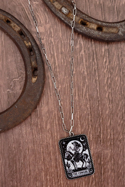 The Skeleton Cowgirl Card Silvertone Necklace