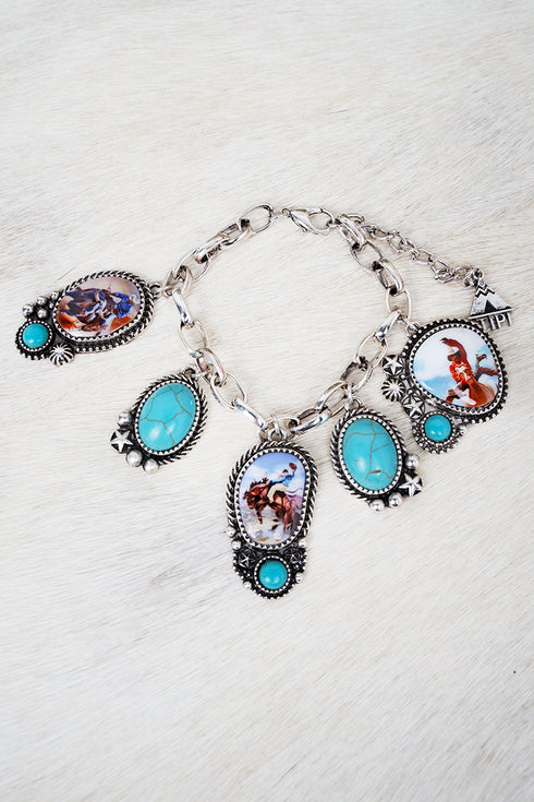 Turquoise Frontier Legend Silvertone Charm Bracelet