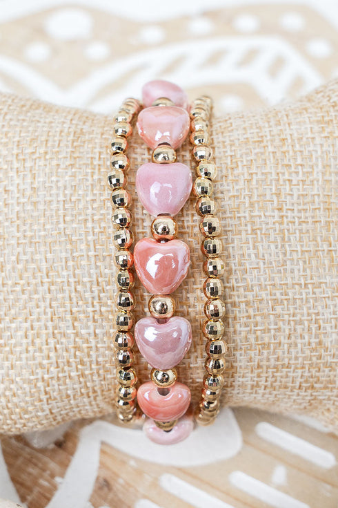 Spotlight Romance Pink and Goldtone Bead Bracelet Set