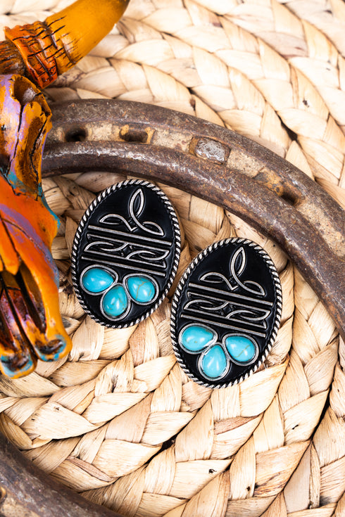 Western Detail Turquoise Silvertonel Oval Earrings