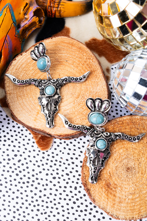 Turquoise and Silvertone Stanton Steer Earrings