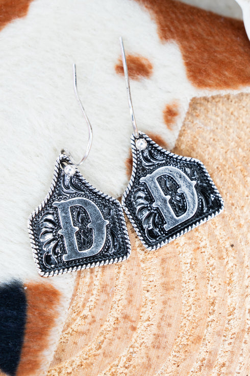 Cattle Tag 'D' Silvertone Earrings
