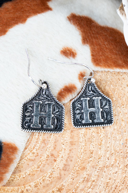 Cattle Tag 'H' Silvertone Earrings