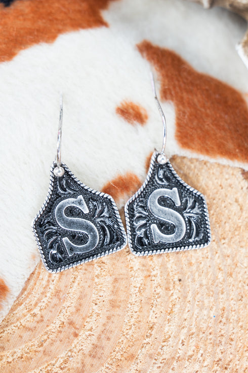 Cattle Tag 'S' Silvertone Earrings