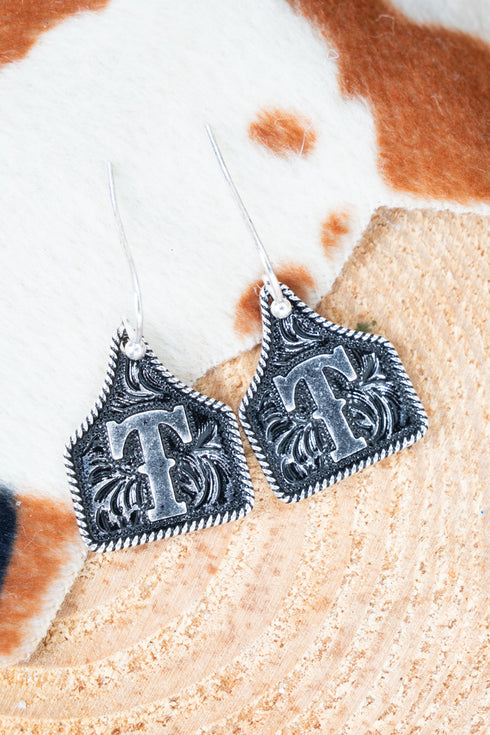 Cattle Tag 'T' Silvertone Earrings