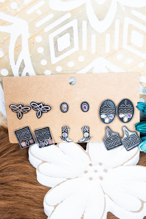 Saddleridge Iridescent Crystal Silvertone Stud Earrings 6 Pair Set