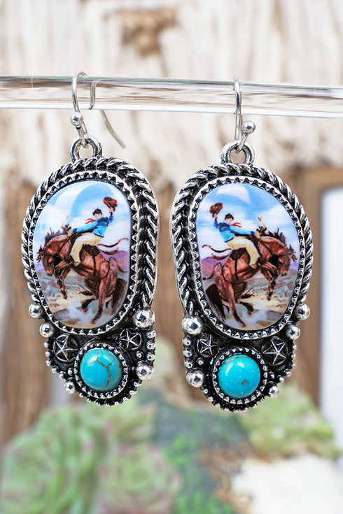 Turquoise Rodeo Spirit Silvertone Earrings