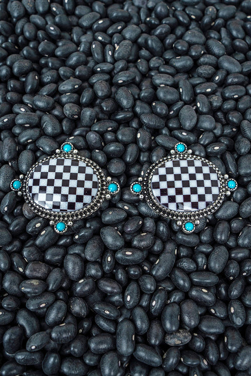 Black & White Checkered Range Silvertone Earrings