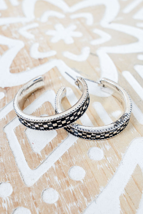 Checkerboard Silvertone Hoop Earrings