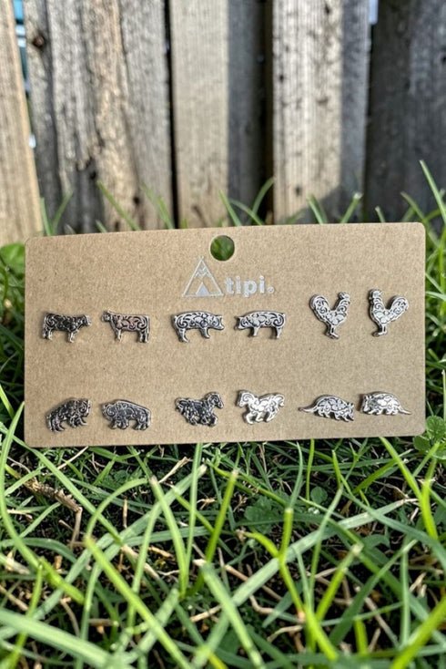 Prairie Pals Silvertone Stud Earrings 6 Pair Set