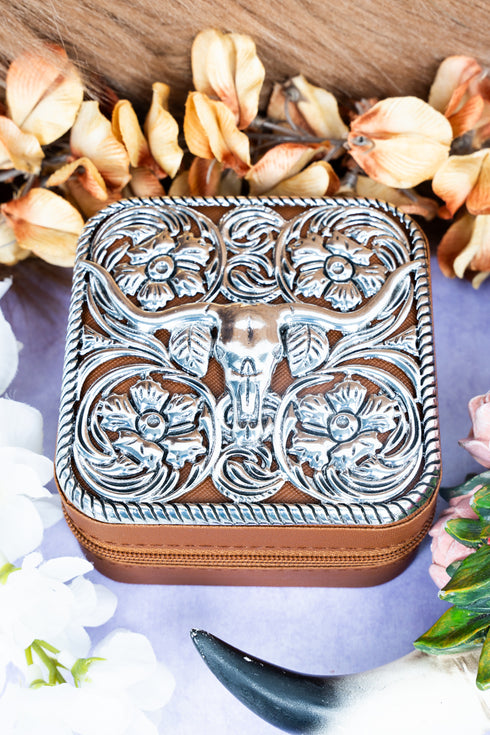 Metal Steer Scroll Brown Small Travel Jewelry Box