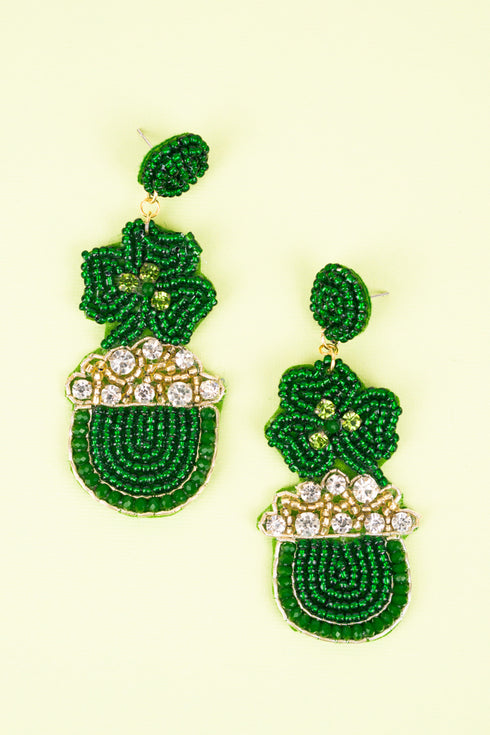 Saint Patrick's Day Pot Of Gold and Clovers Seed Bead Earrings