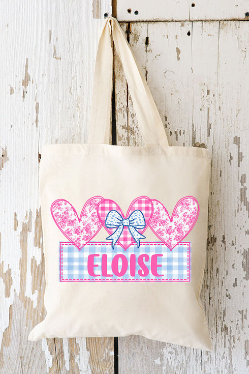 Personalized Pink & Gingham Hearts Small Canvas Tote *Personalize Your Name