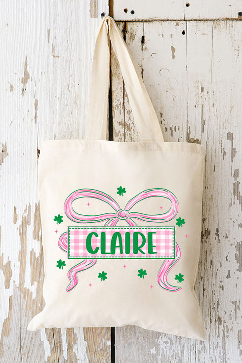 Personalized Preppy Pink Shamrock Small Canvas Tote *Personalize Your Name