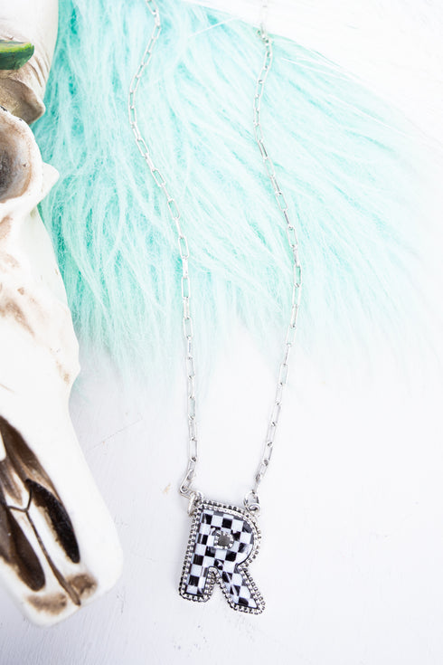 Black & White Checkered 'R' Silvertone Necklace