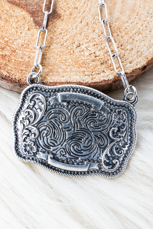 Branded Buckle Silvertone Necklace