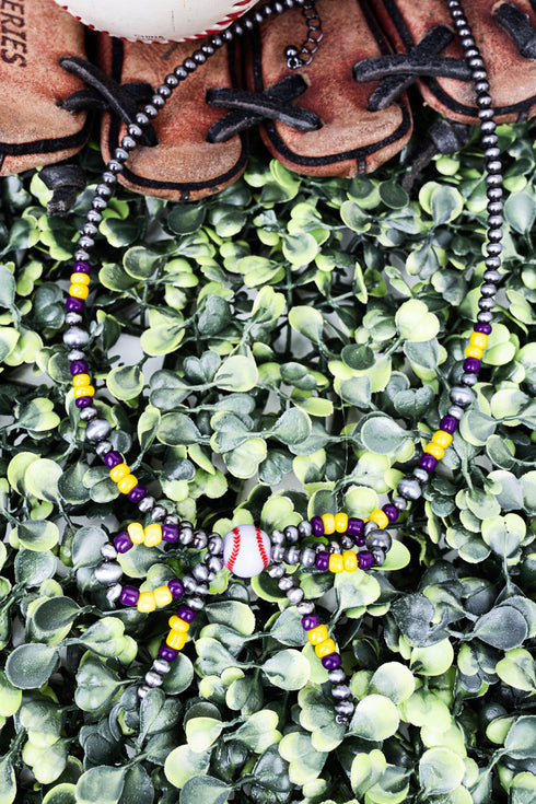 Purple & Yellow Baseball Bow Necklace